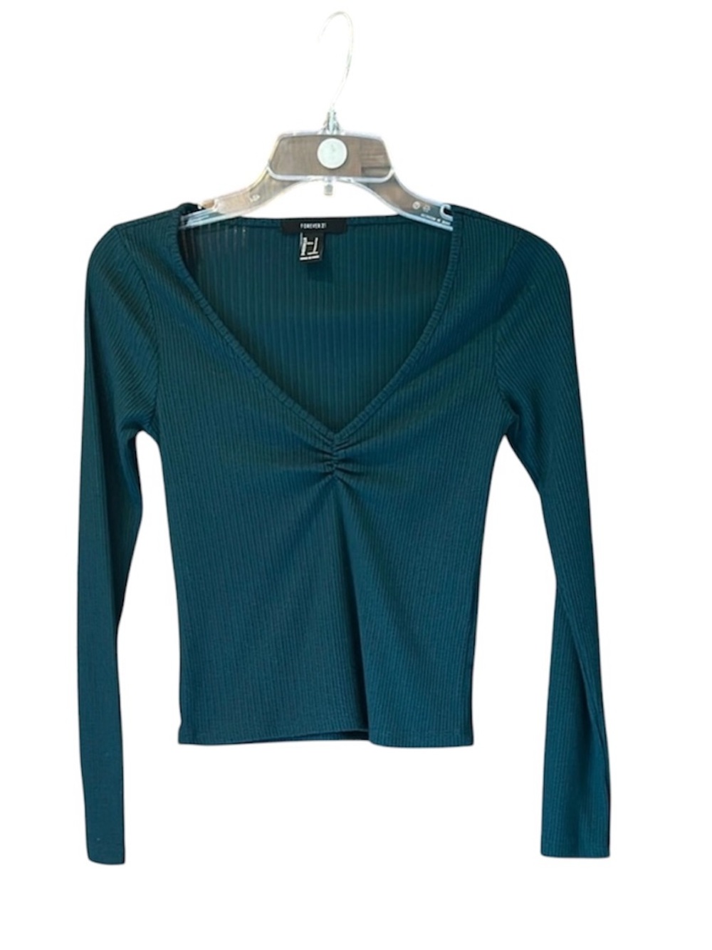 Forever 21 Women’s Ribbed Long Sleeve V-Neck Top Size Small Green‎ Fitted